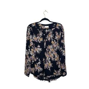 Maurices Black Multicolor Floral Print Fray Hem Tunic Popover Top Medium Women’s